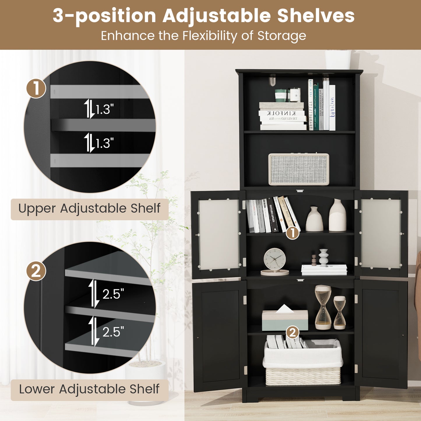 6-Tier Freestanding Bathroom Cabinet with 2 Open Compartments and Adjustable Shelves