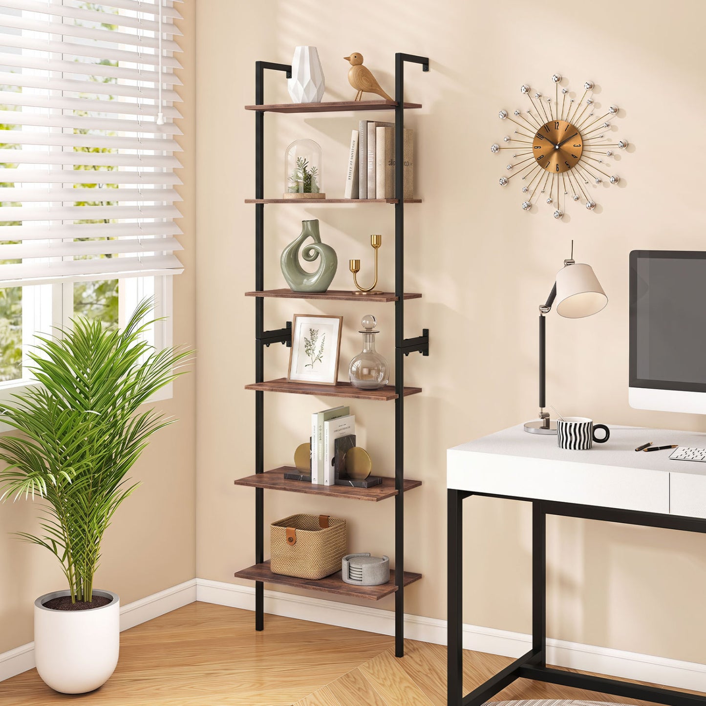 6-Tier Ladder Bookshelf with Metal Frame