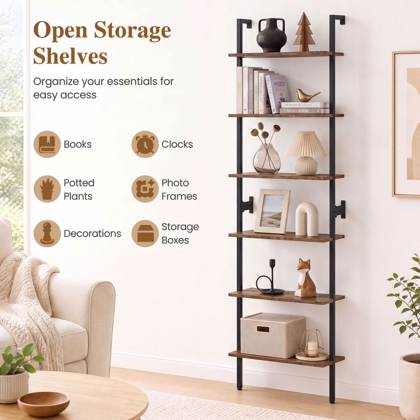 6-Tier Ladder Bookshelf with Metal Frame