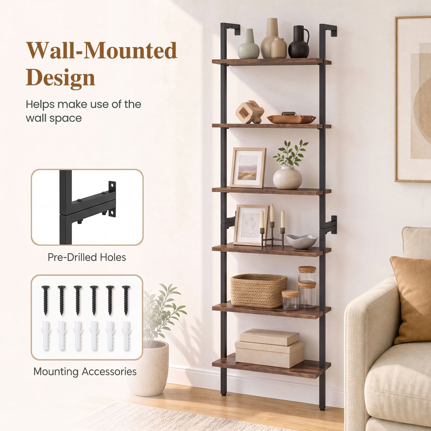 6-Tier Ladder Bookshelf with Metal Frame