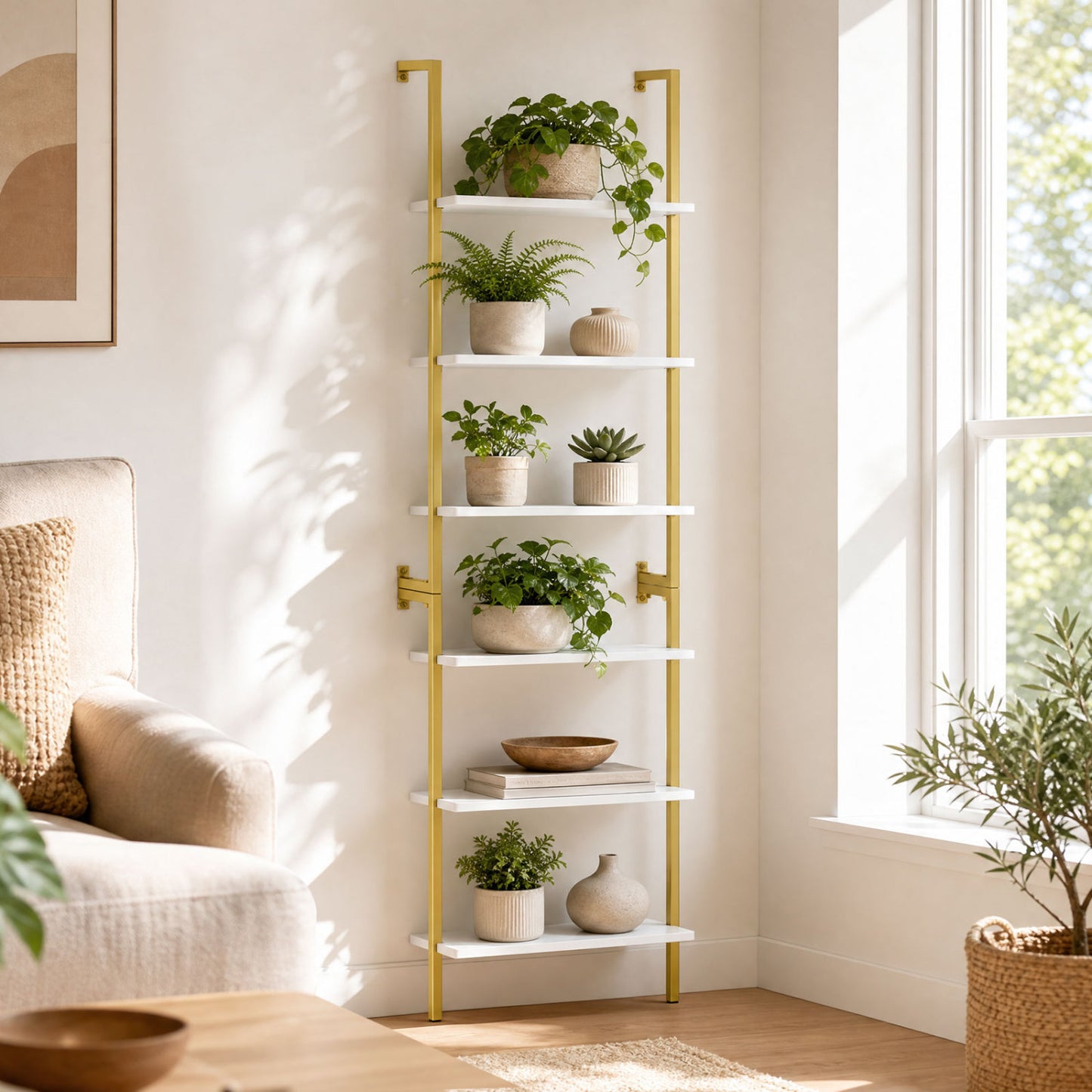 6-Tier Ladder Bookshelf with Metal Frame
