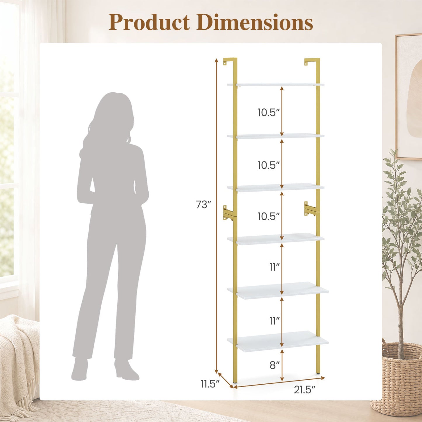6-Tier Ladder Bookshelf with Metal Frame