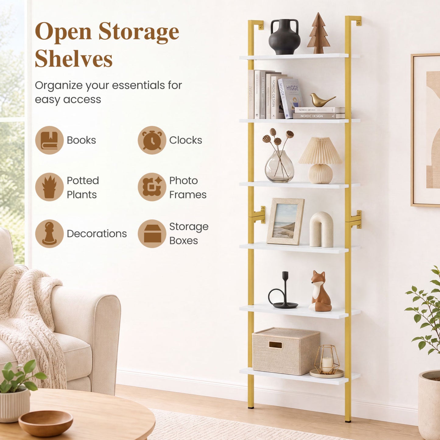 6-Tier Ladder Bookshelf with Metal Frame