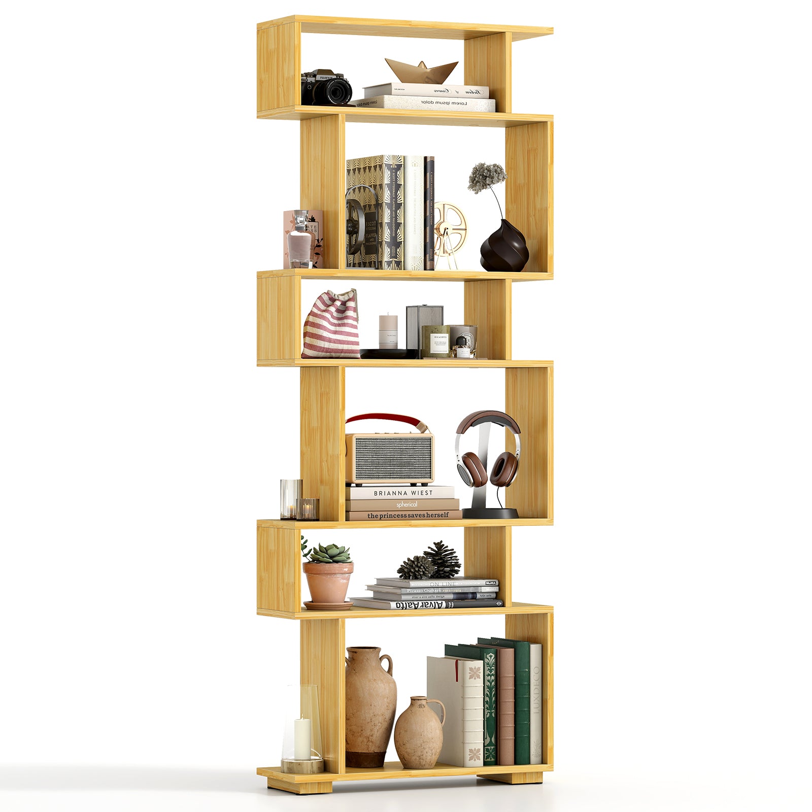 6-Tier Geometric Bookshelf with 2 Anti-Tipping Kits for Home Office-Natural - Wood