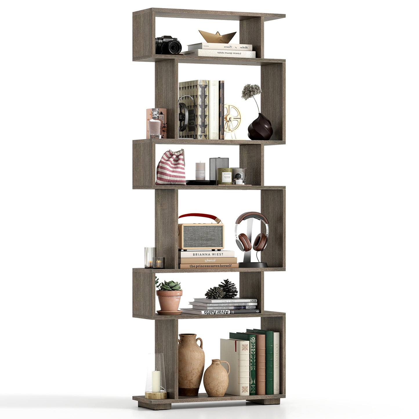 6-Tier Geometric Bookshelf with 2 Anti-Tipping Kits for Home Office-Natural - Oak
