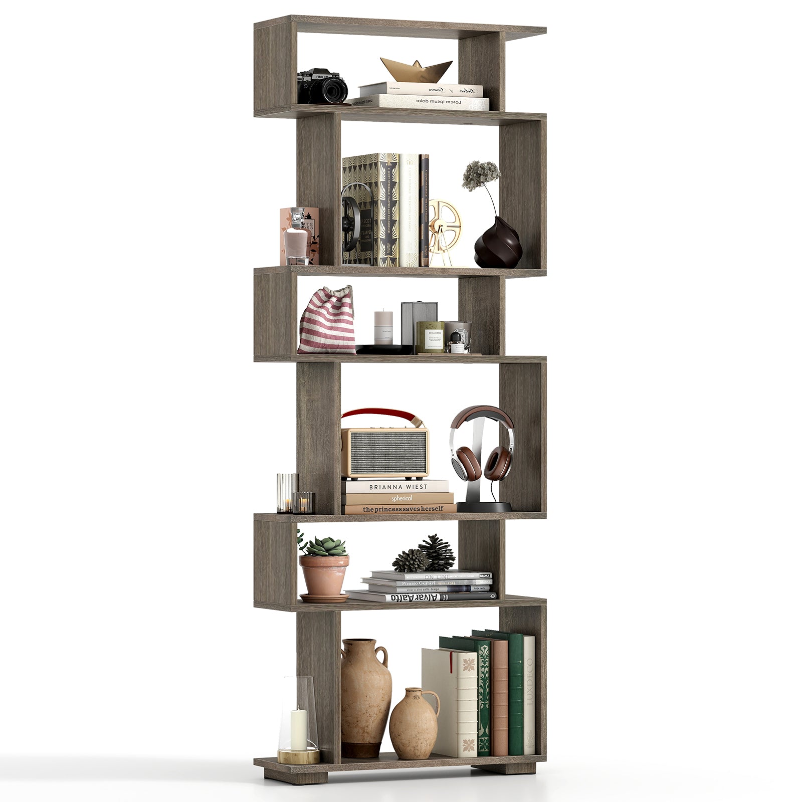 6-Tier Geometric Bookshelf with 2 Anti-Tipping Kits for Home Office-Natural - Oak