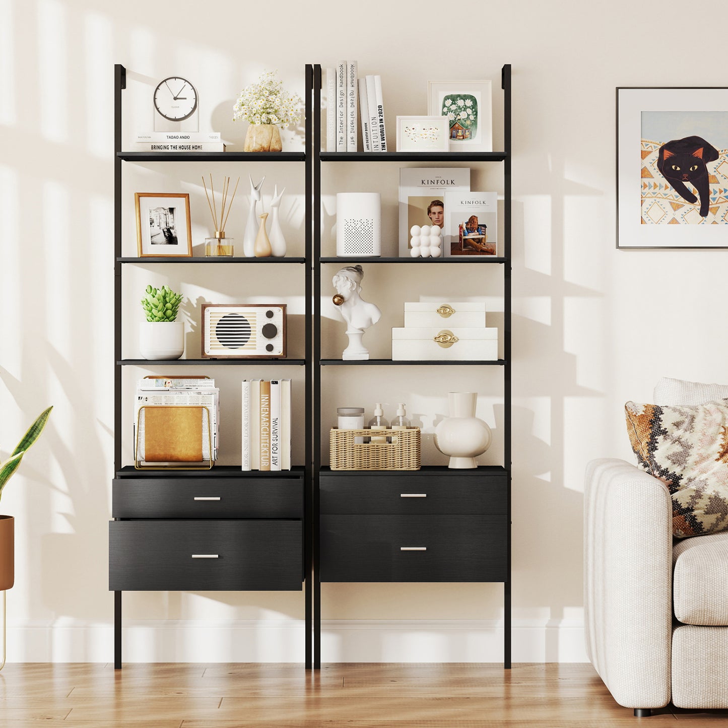 6-Tier Ladder Bookcase with 2 Drawers and Metal Frame-Black