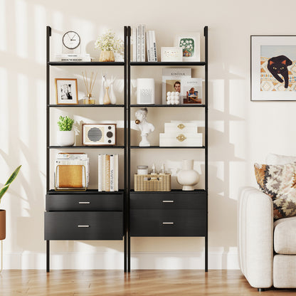 6-Tier Ladder Bookcase with 2 Drawers and Metal Frame-Black