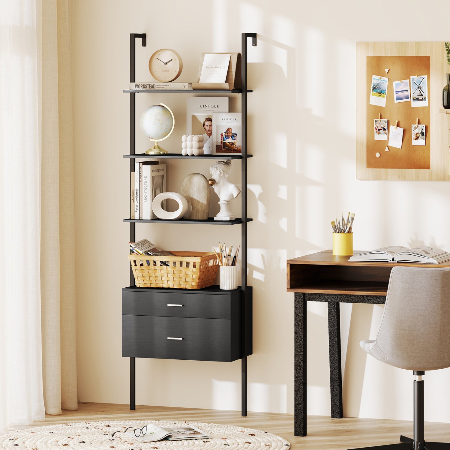 6-Tier Ladder Bookcase with 2 Drawers and Metal Frame-Black