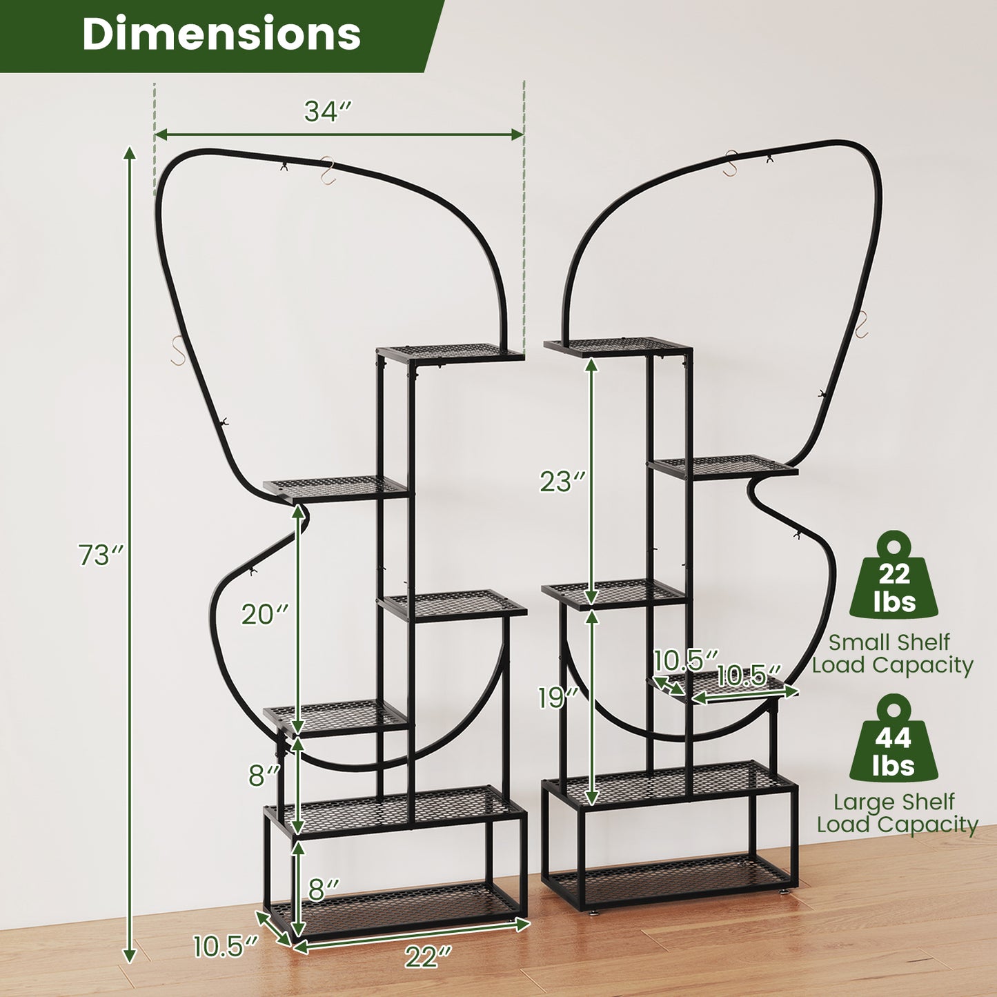 6-Tier Metal Plant Stand Ladder Display Rack with Hanging Hooks-Black