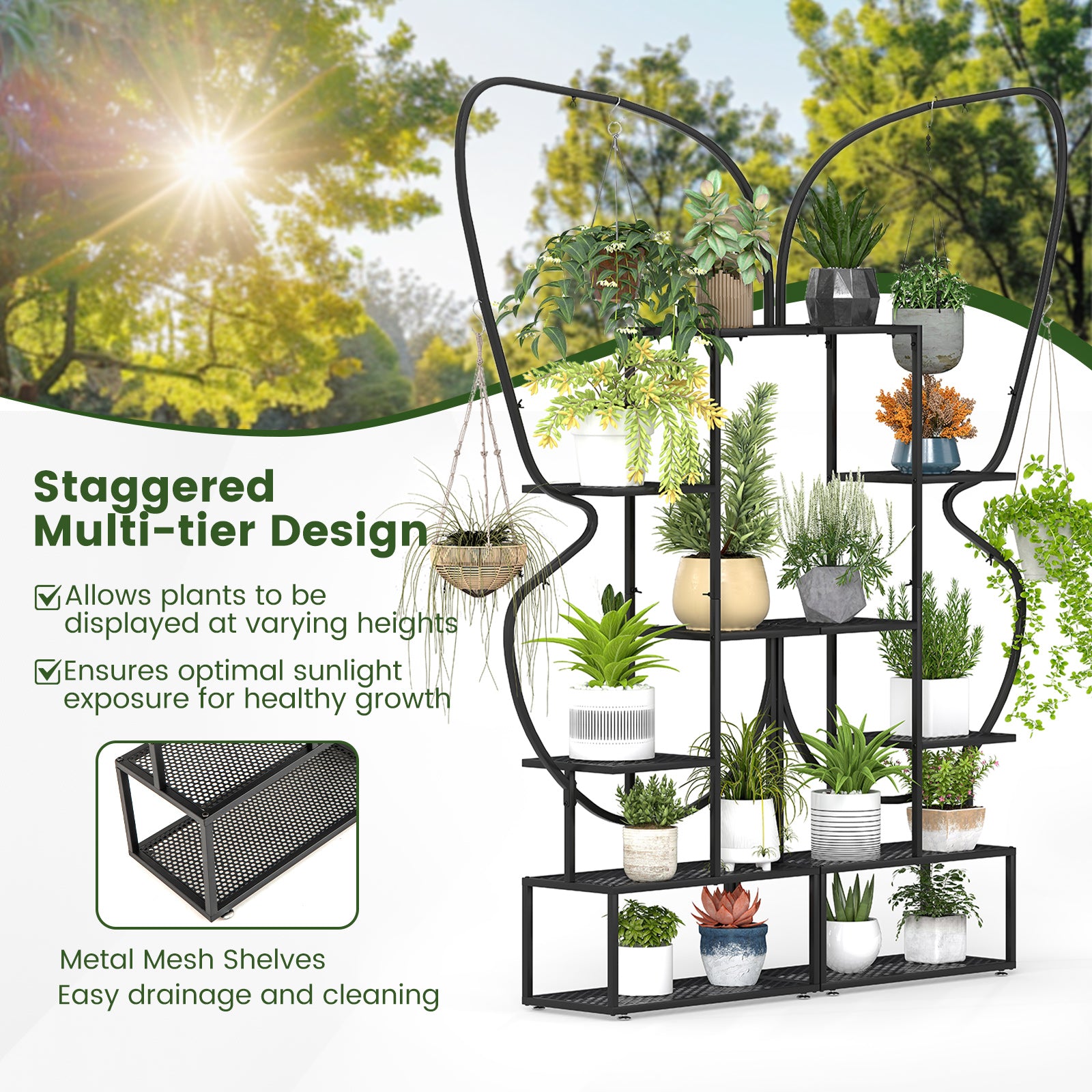 6-Tier Metal Plant Stand Ladder Display Rack with Hanging Hooks-Black