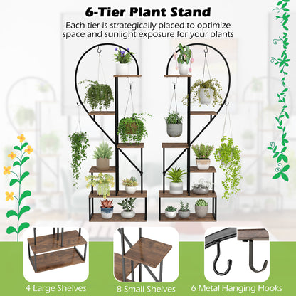 6-Tier Metal Plant Stand 2 Half-Heart-Shape Ladder Plant Shelves-Coffee