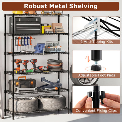 6-Tier Metal Storage Shelving Unit with V-Shaped Wire Rack for Home Garage-Black