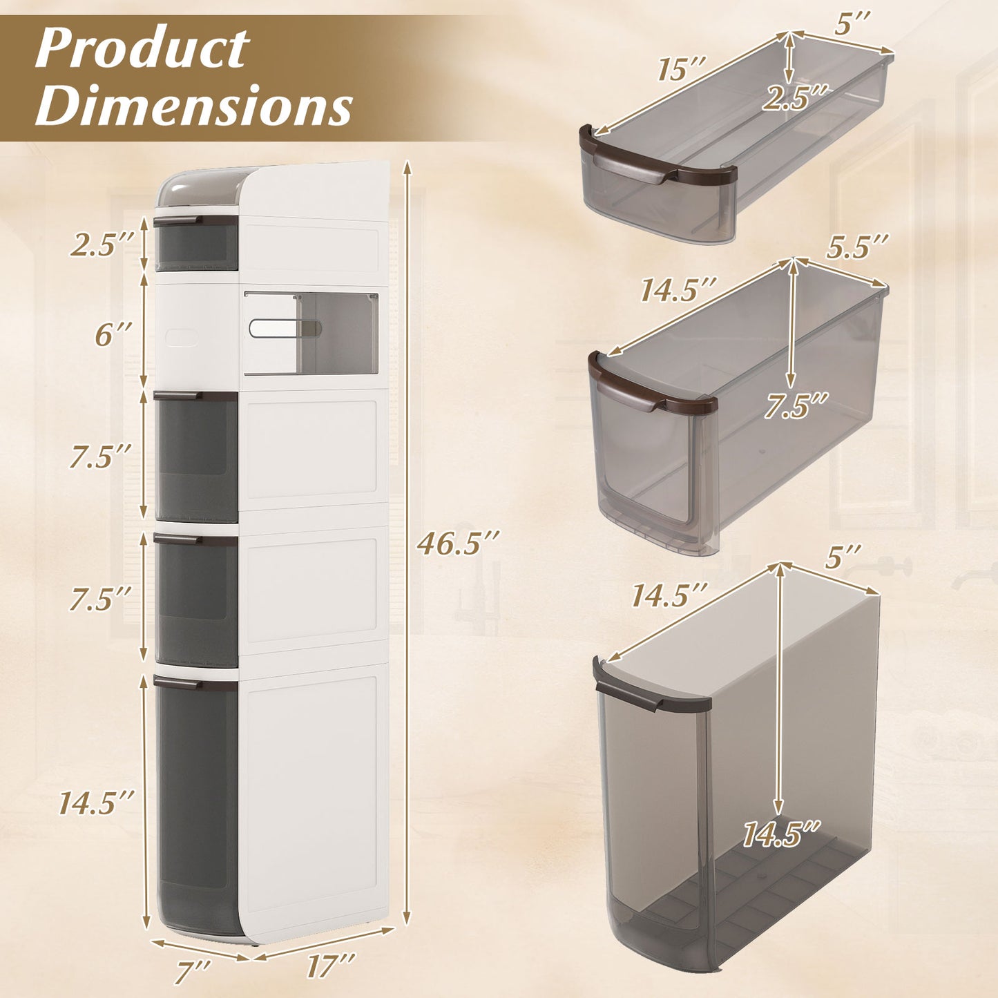 6-Tier Narrow Bathroom Storage Cabinet with Drawers and Tissue Box