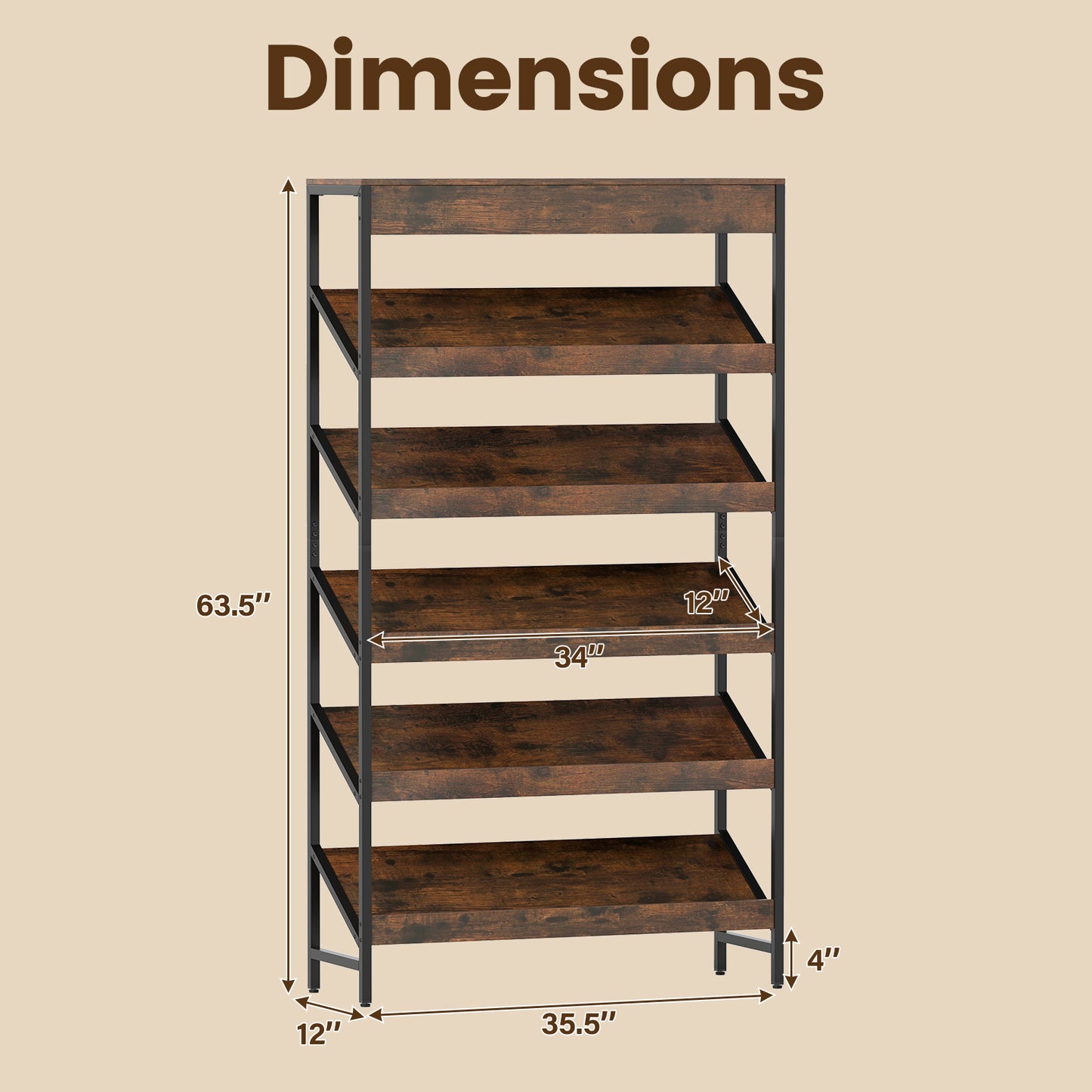 6-Tier Tall Freestanding Bookshelf with Angled Shelves for Home Office-Rustic Brown