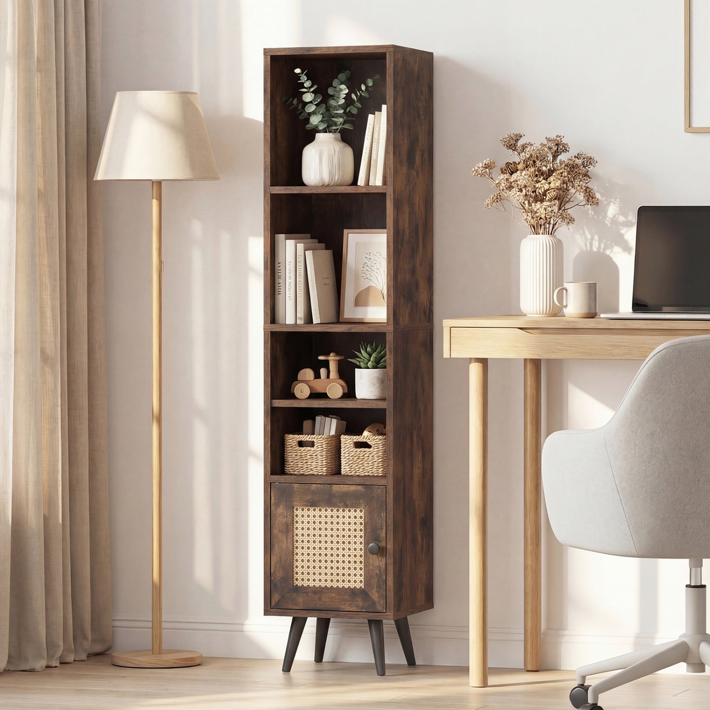 6-Tier Tall Narrow Bookcase 54 Inches Slim Storage Cabinet-Rustic Brown
