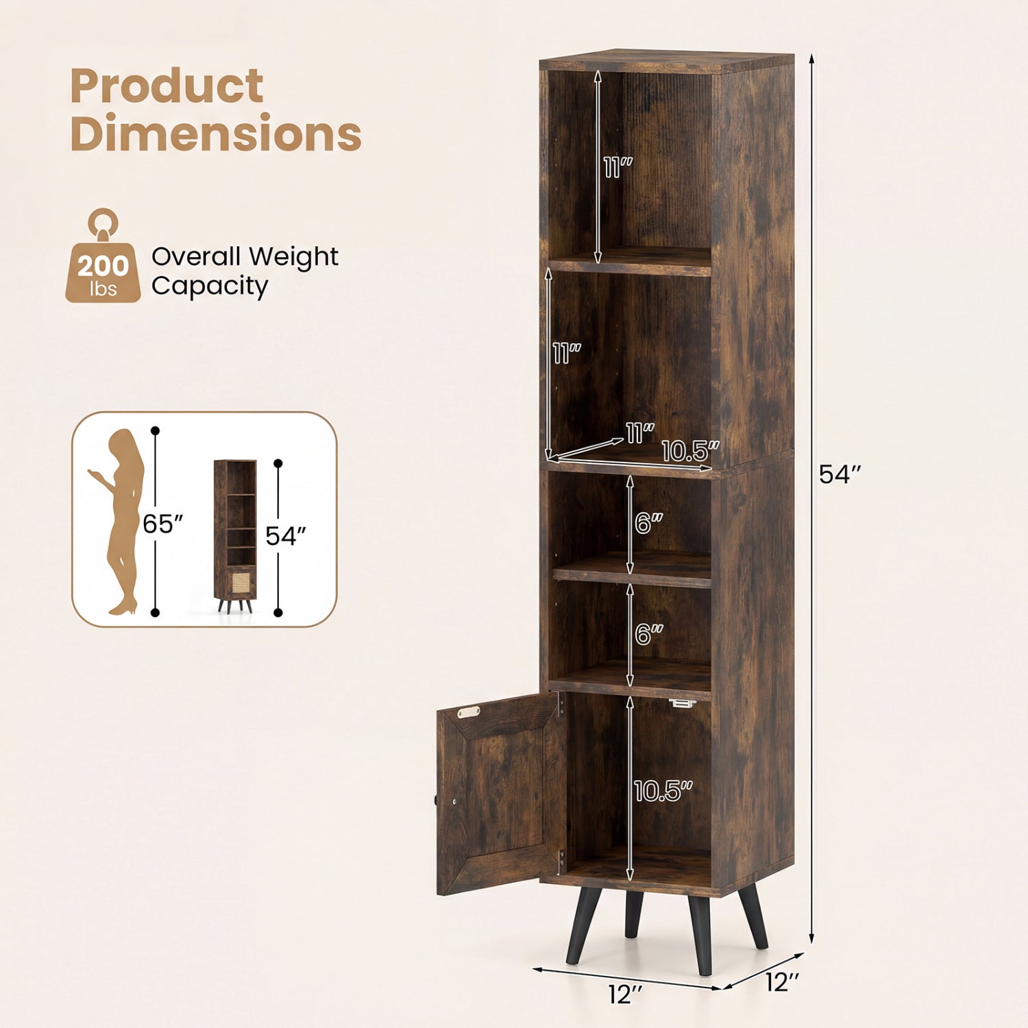 6-Tier Tall Narrow Bookcase 54 Inches Slim Storage Cabinet-Rustic Brown