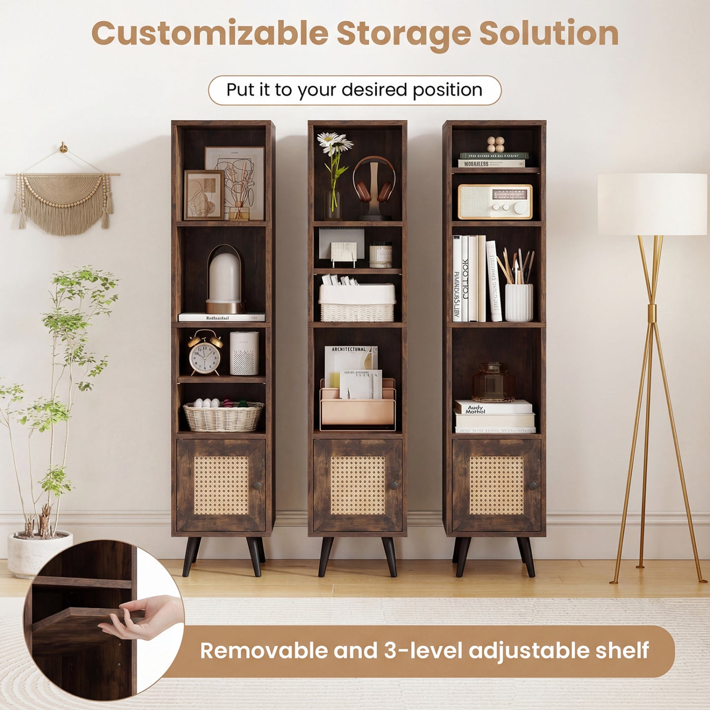 6-Tier Tall Narrow Bookcase 54 Inches Slim Storage Cabinet-Rustic Brown