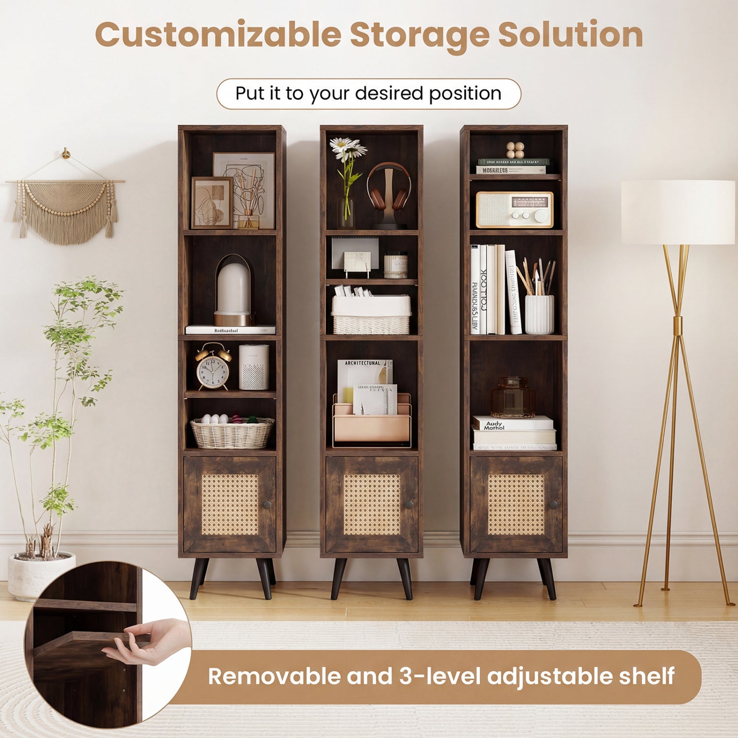 6-Tier Tall Narrow Bookcase 54 Inches Slim Storage Cabinet-Rustic Brown