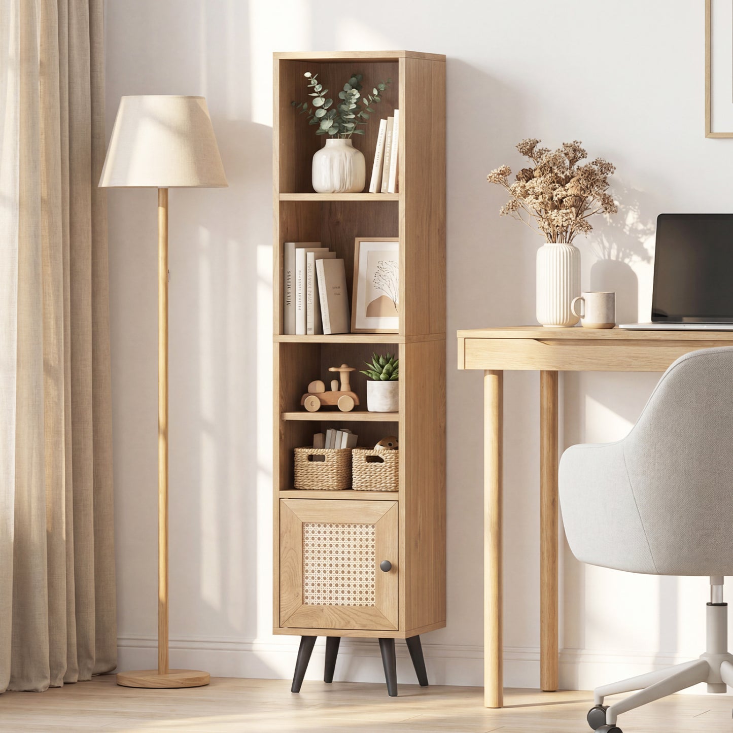 6-Tier Tall Narrow Bookcase 54 Inches Slim Storage Cabinet-Natural