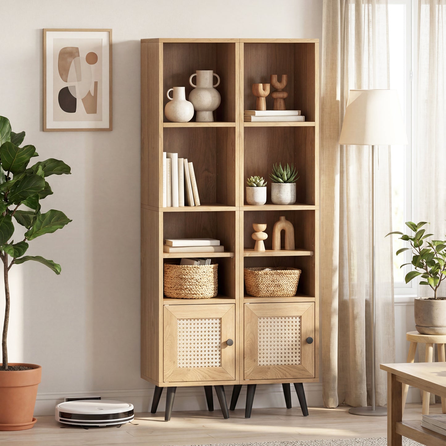 6-Tier Tall Narrow Bookcase 54 Inches Slim Storage Cabinet-Natural