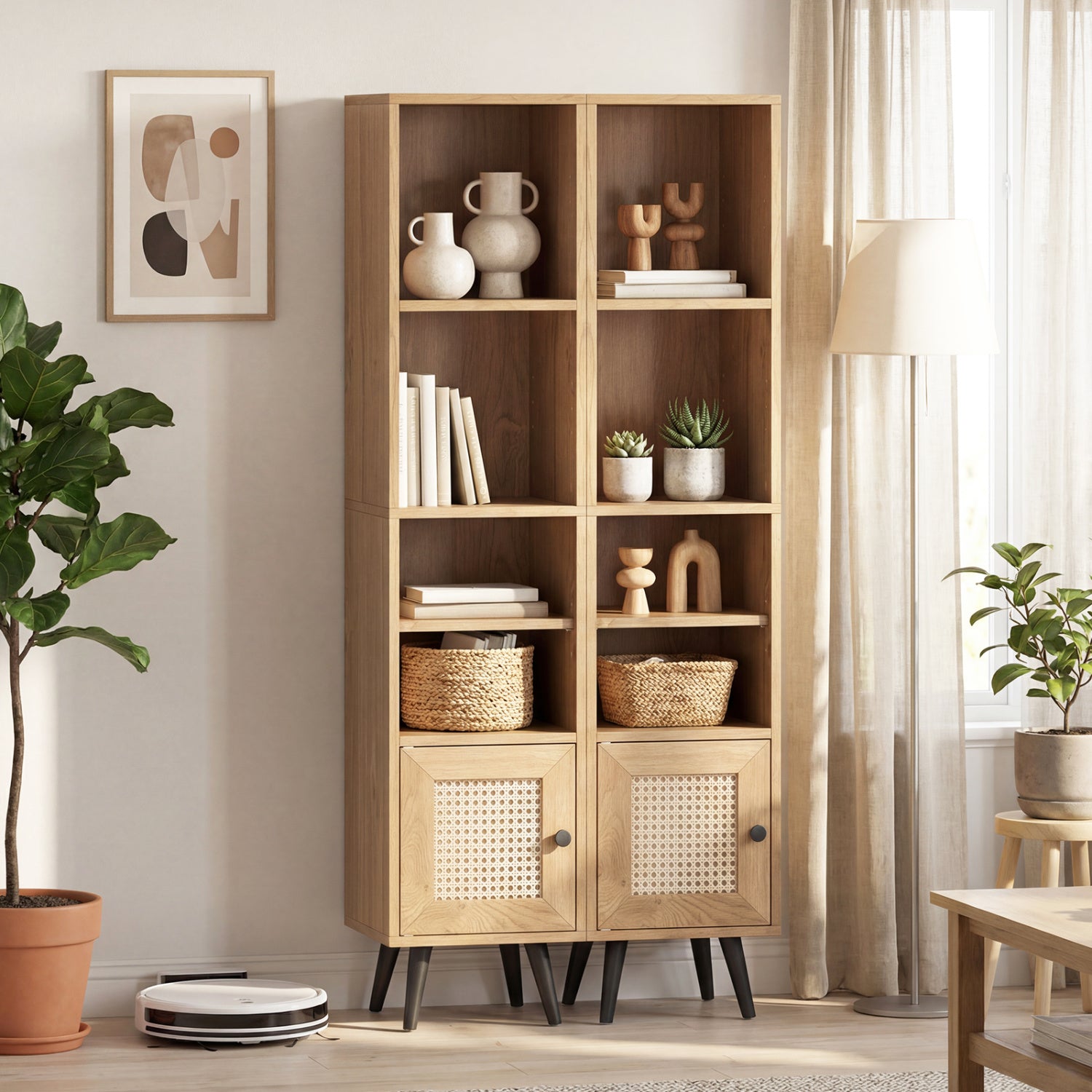 6-Tier Tall Narrow Bookcase 54 Inches Slim Storage Cabinet-Natural