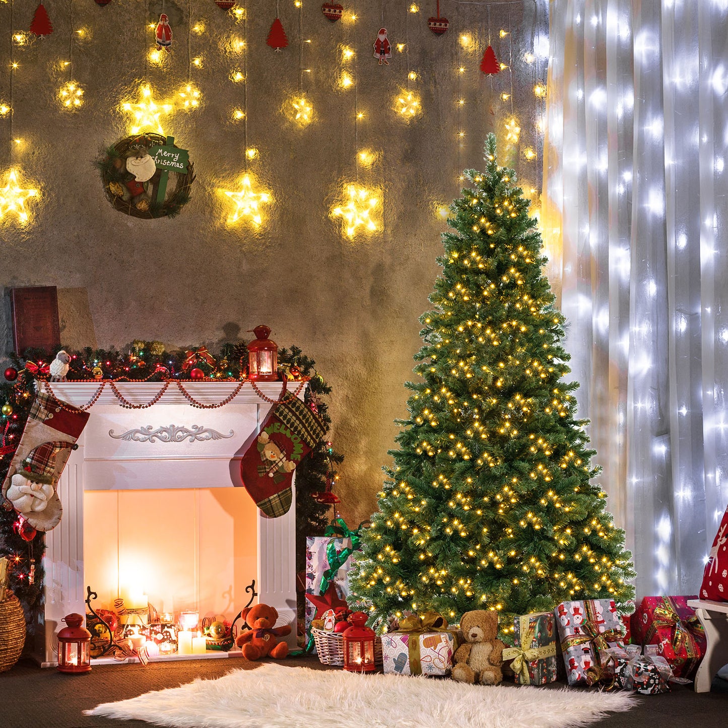 6/7/8 Feet Hinged Christmas Tree with PVC Branch Tips Warm White LED Lights-8 ft