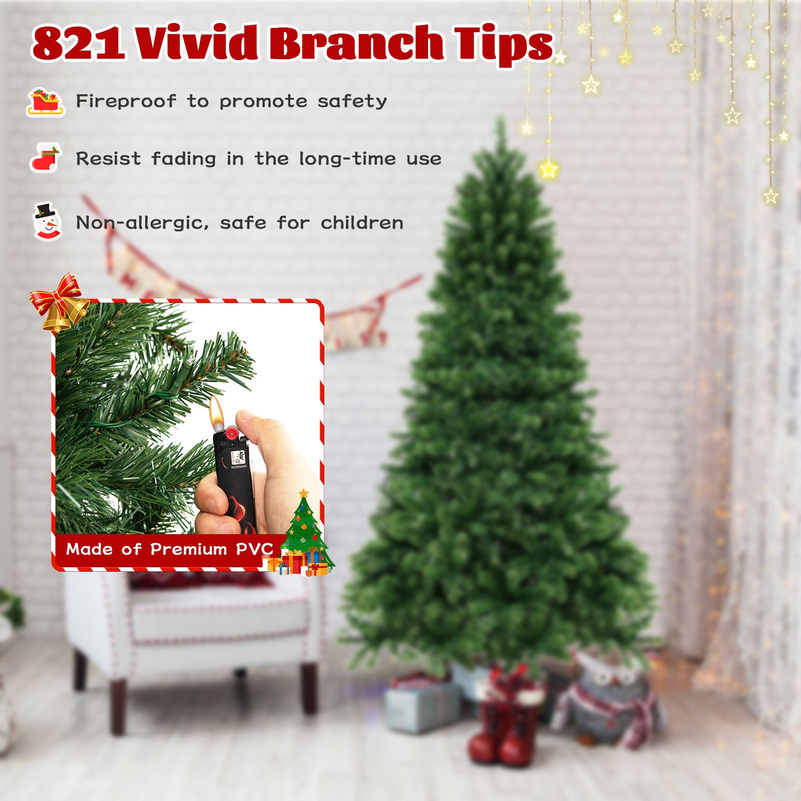 6/7/8 Feet Hinged Christmas Tree with PVC Branch Tips Warm White LED Lights-8 ft