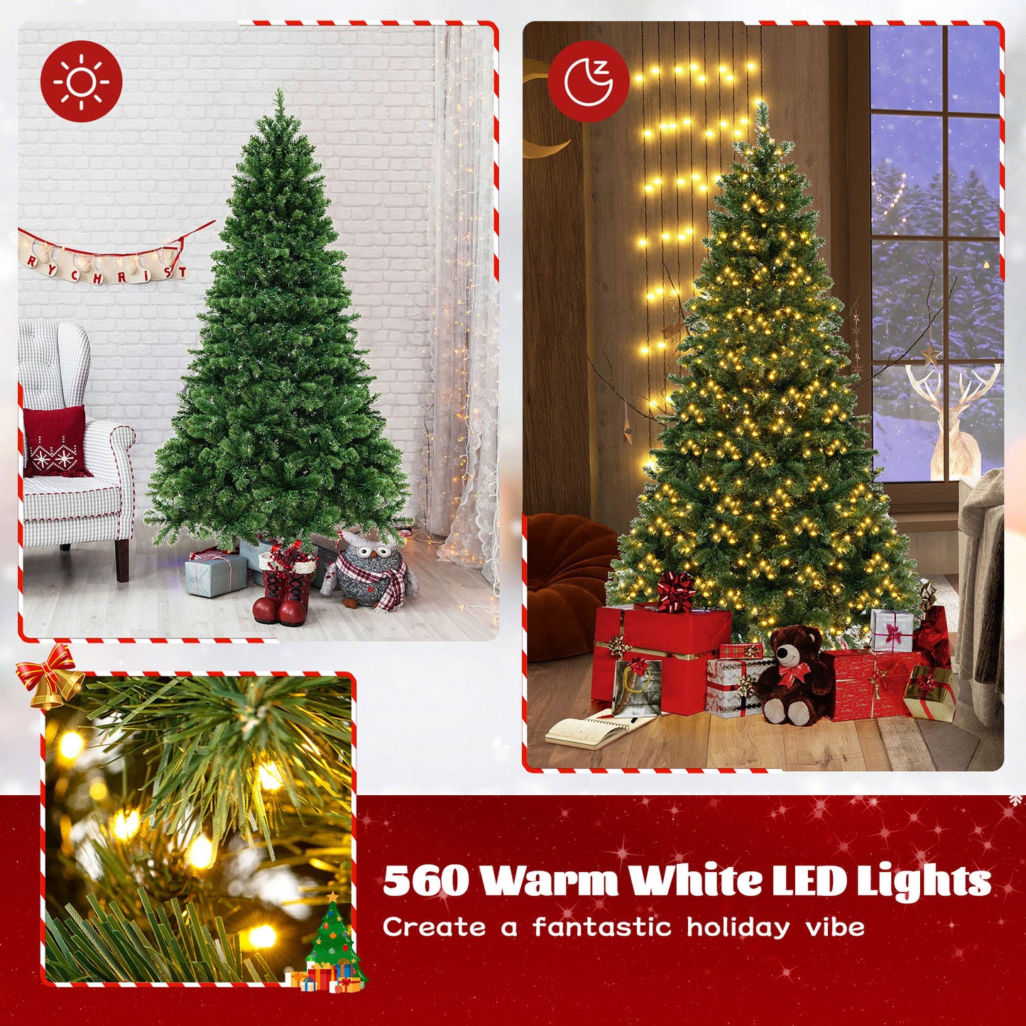 6/7/8 Feet Hinged Christmas Tree with PVC Branch Tips Warm White LED Lights-8 ft