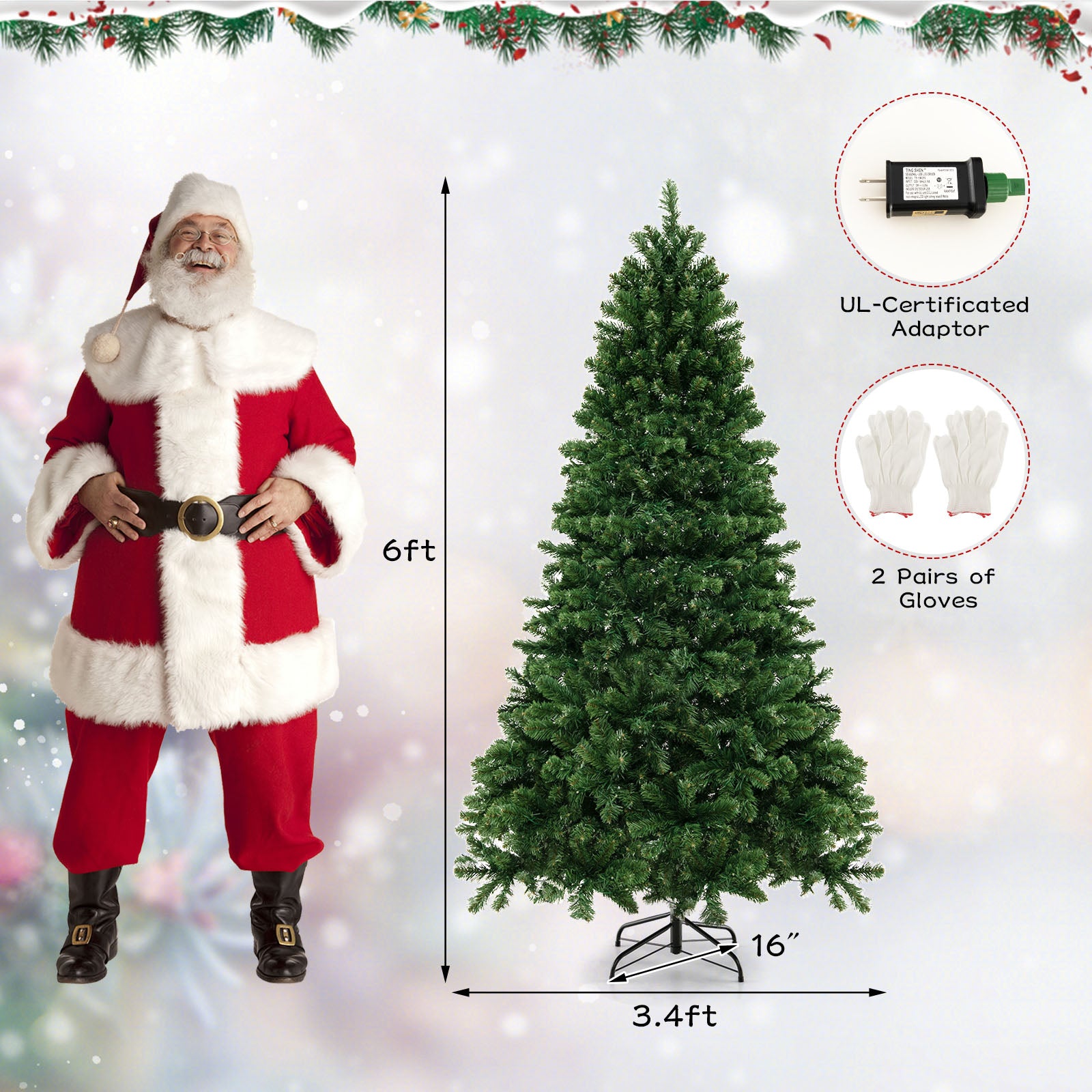 6/7/8 Feet Hinged Christmas Tree with PVC Branch Tips Warm White LED Lights-6 ft