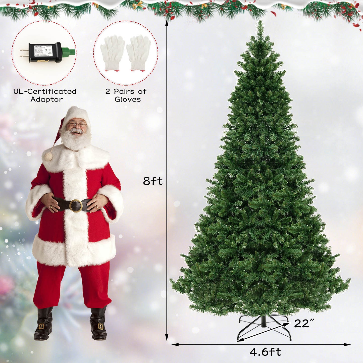 6/7/8 Feet Hinged Christmas Tree with PVC Branch Tips Warm White LED Lights-8 ft