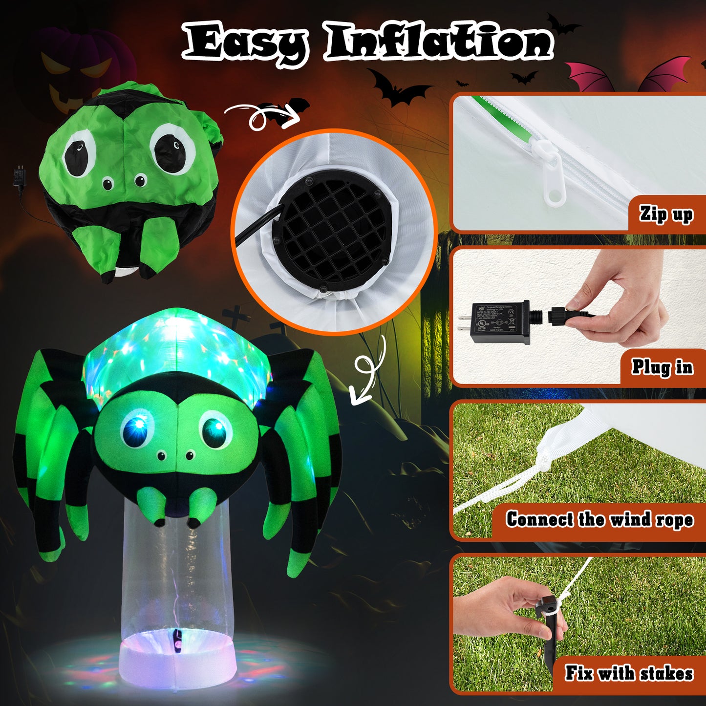 6 Feet Halloween Inflatable Spider with 3 Color Rotating Light