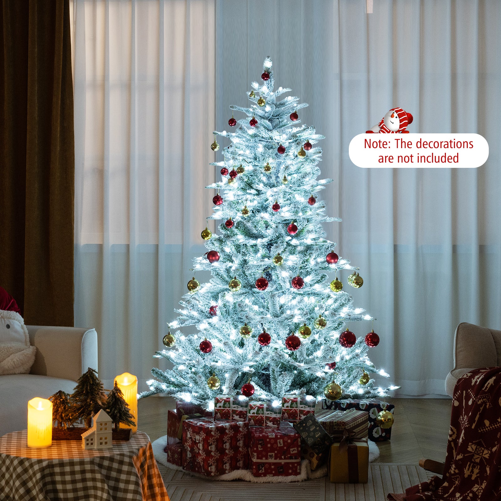 6 Feet Snow Flocked Artificial Christmas Tree with Cool White LED Lights