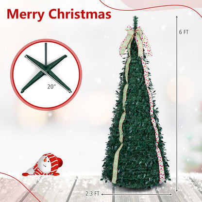 6 ft Pop Up Christmas Tree with PVC Holly Leaves 4 Festive Satin Ribbons and Top Christmas Bow