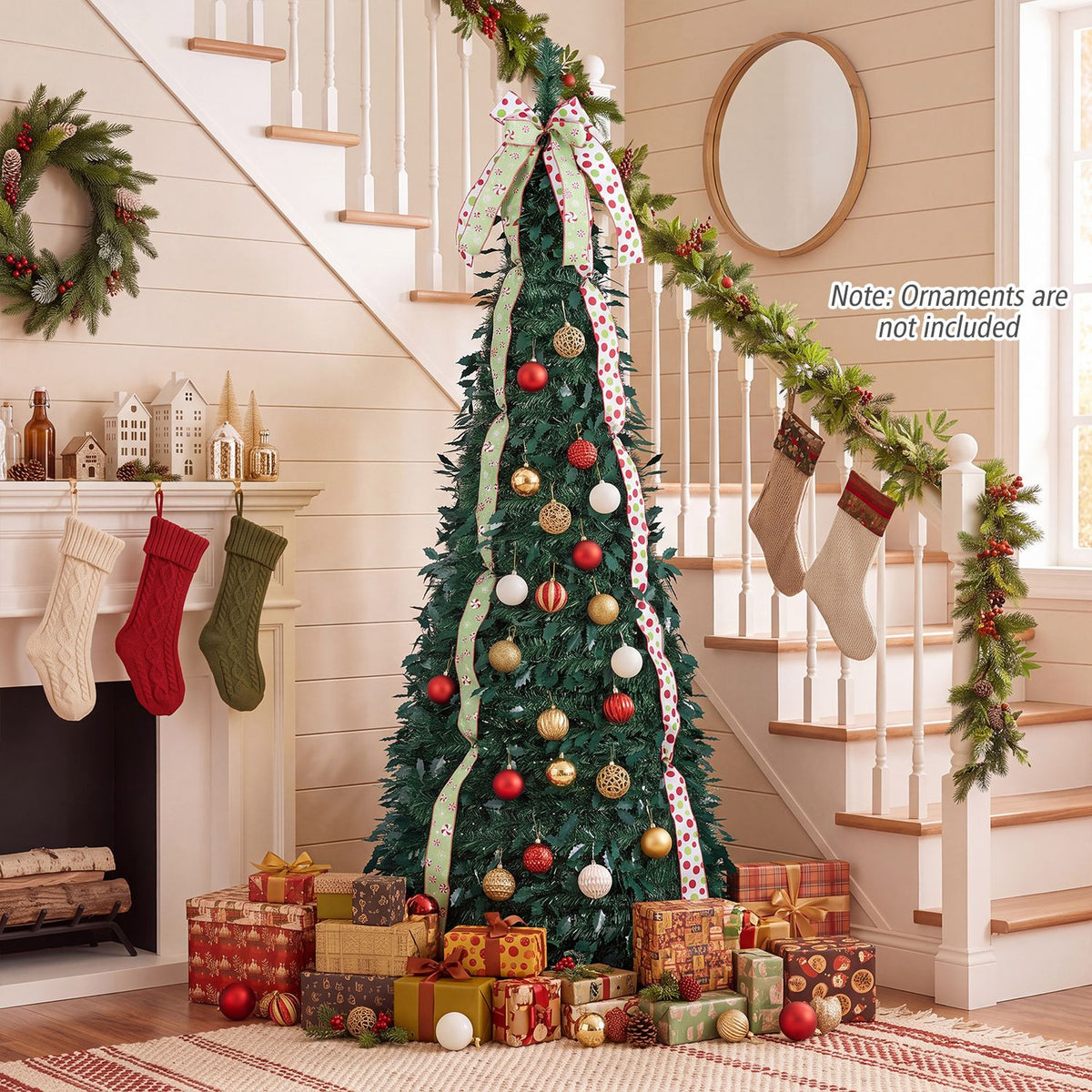 6 ft Pop Up Christmas Tree with PVC Holly Leaves 4 Festive Satin Ribbons and Top Christmas Bow