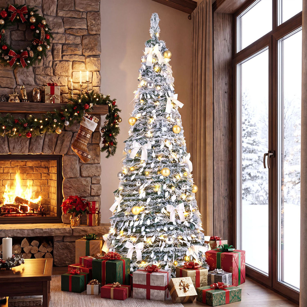 6 ft Pop Up Flocked Christmas Tree with 20/30 Christmas Bows and 35 Christmas Balls