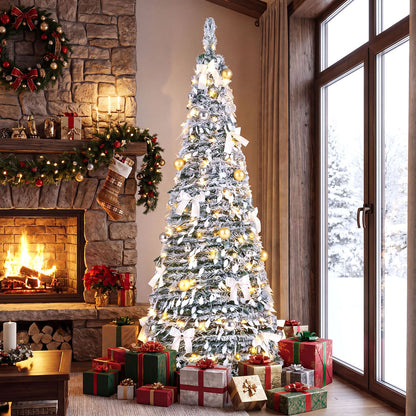 6 ft Pop Up Flocked Christmas Tree with 20/30 Christmas Bows and 35 Christmas Balls