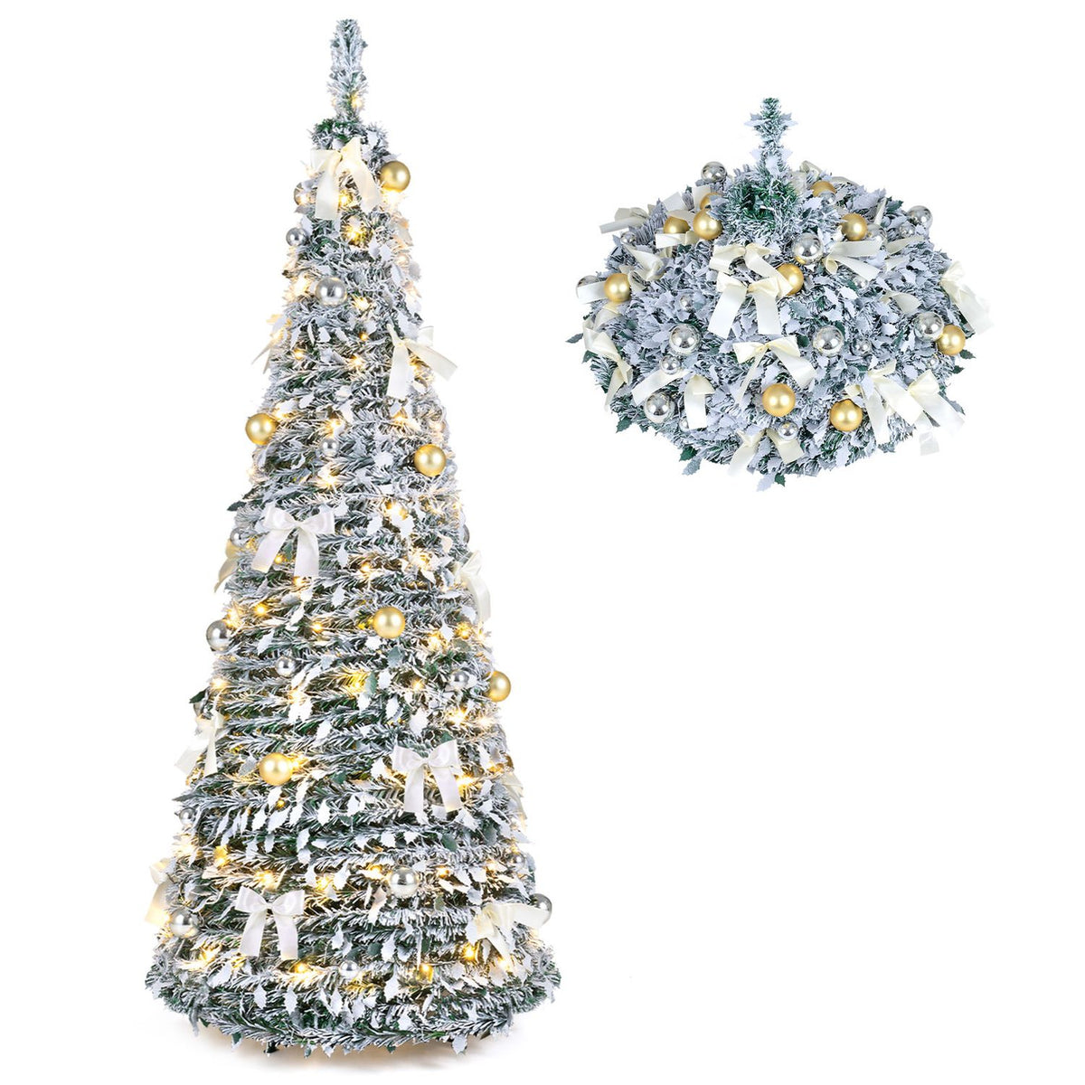 6 ft Pop Up Flocked Christmas Tree with 20/30 Christmas Bows and 35 Christmas Balls