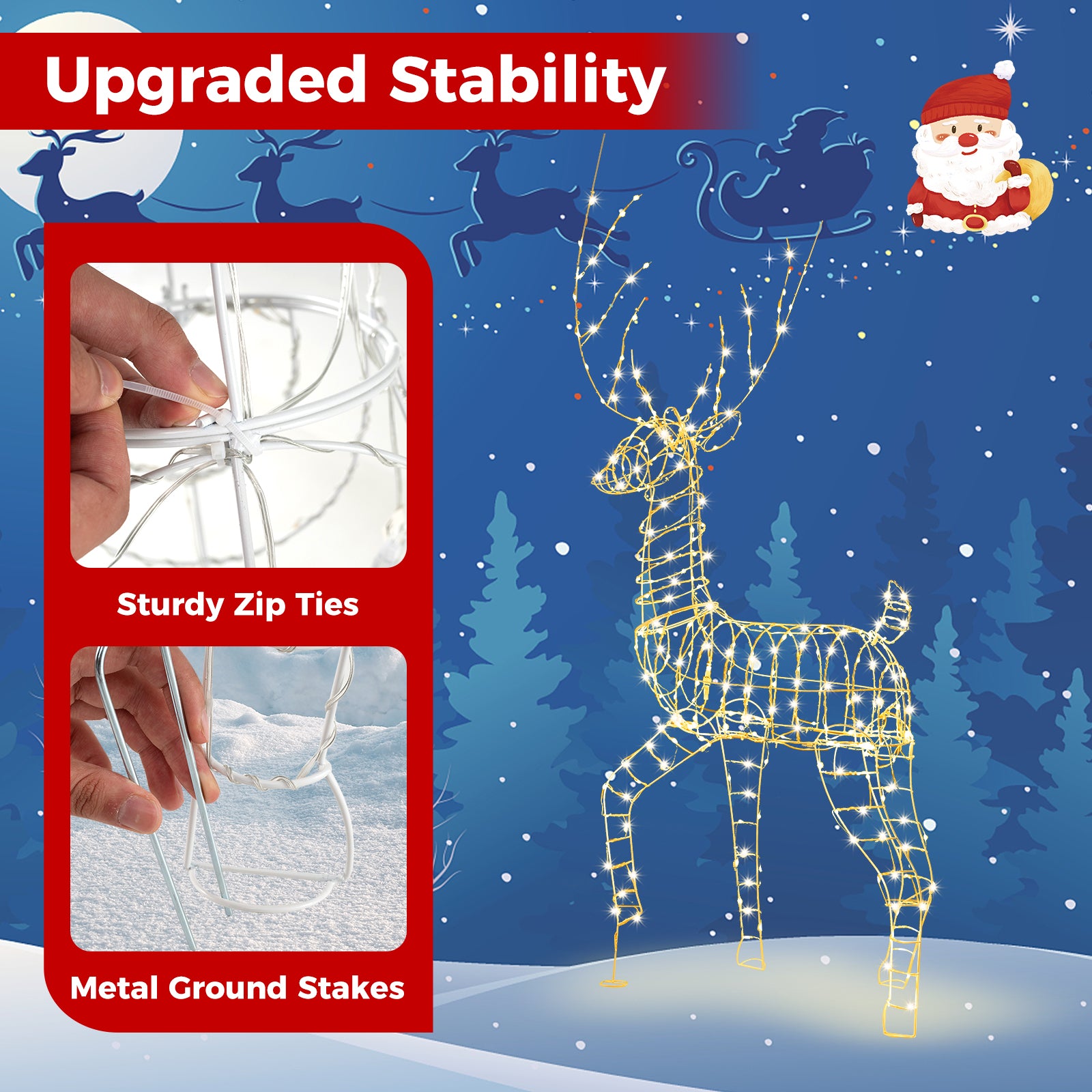 6 FT Pre-Lit Christmas Reindeer with 300 Warm White LED Lights and Zip Ties