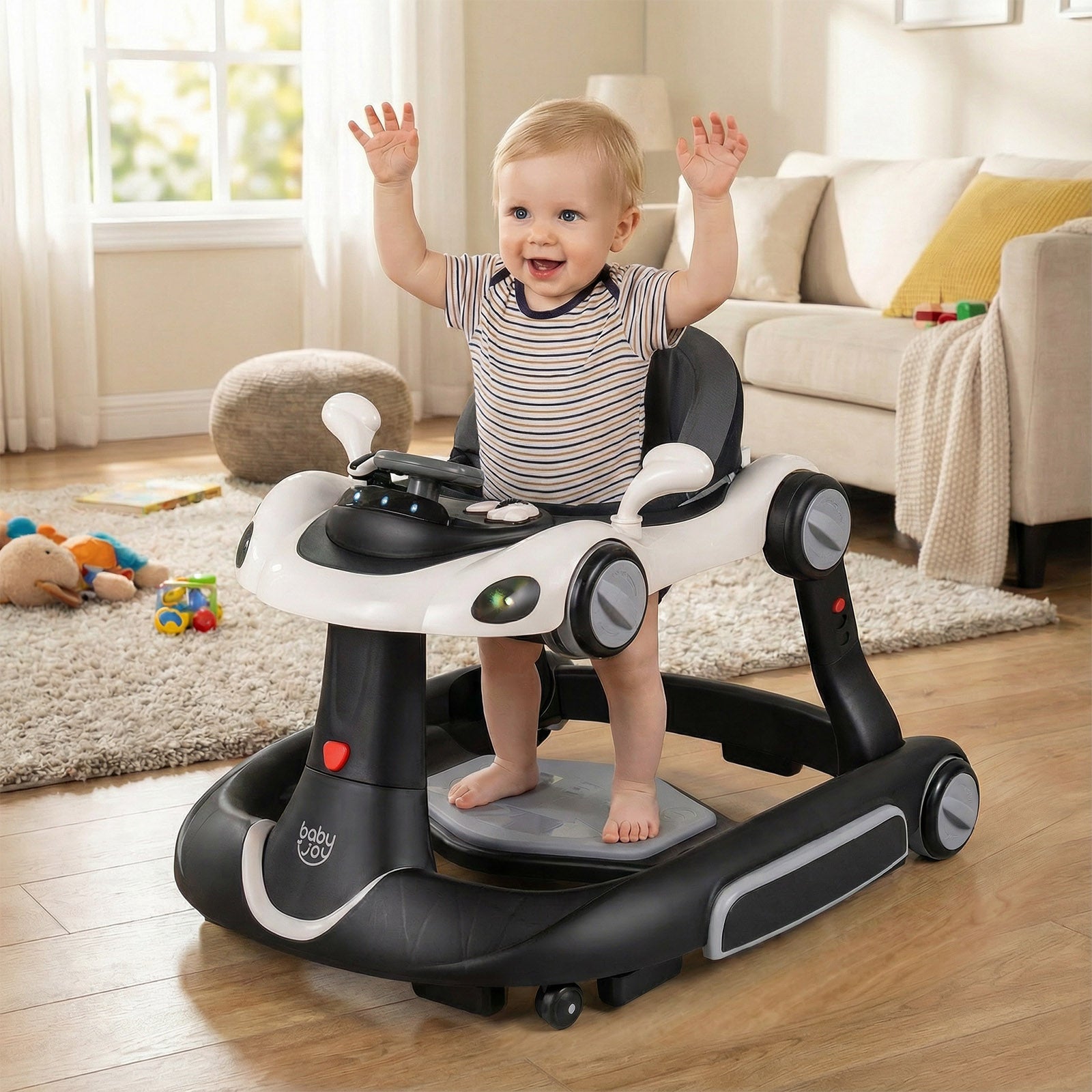 6-in-1 Baby Walker with Canopy Portable Activity Center Bouncer Rocker Combo with Music-White