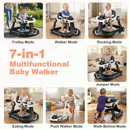 6-in-1 Baby Walker with Canopy Portable Activity Center Bouncer Rocker Combo with Music-White