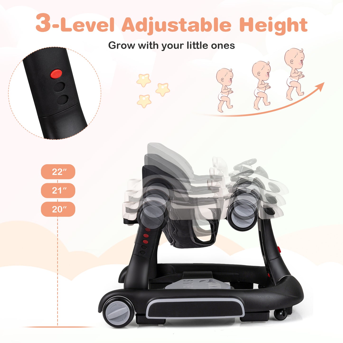 6-in-1 Baby Walker with Canopy Portable Activity Center Bouncer Rocker Combo with Music-White