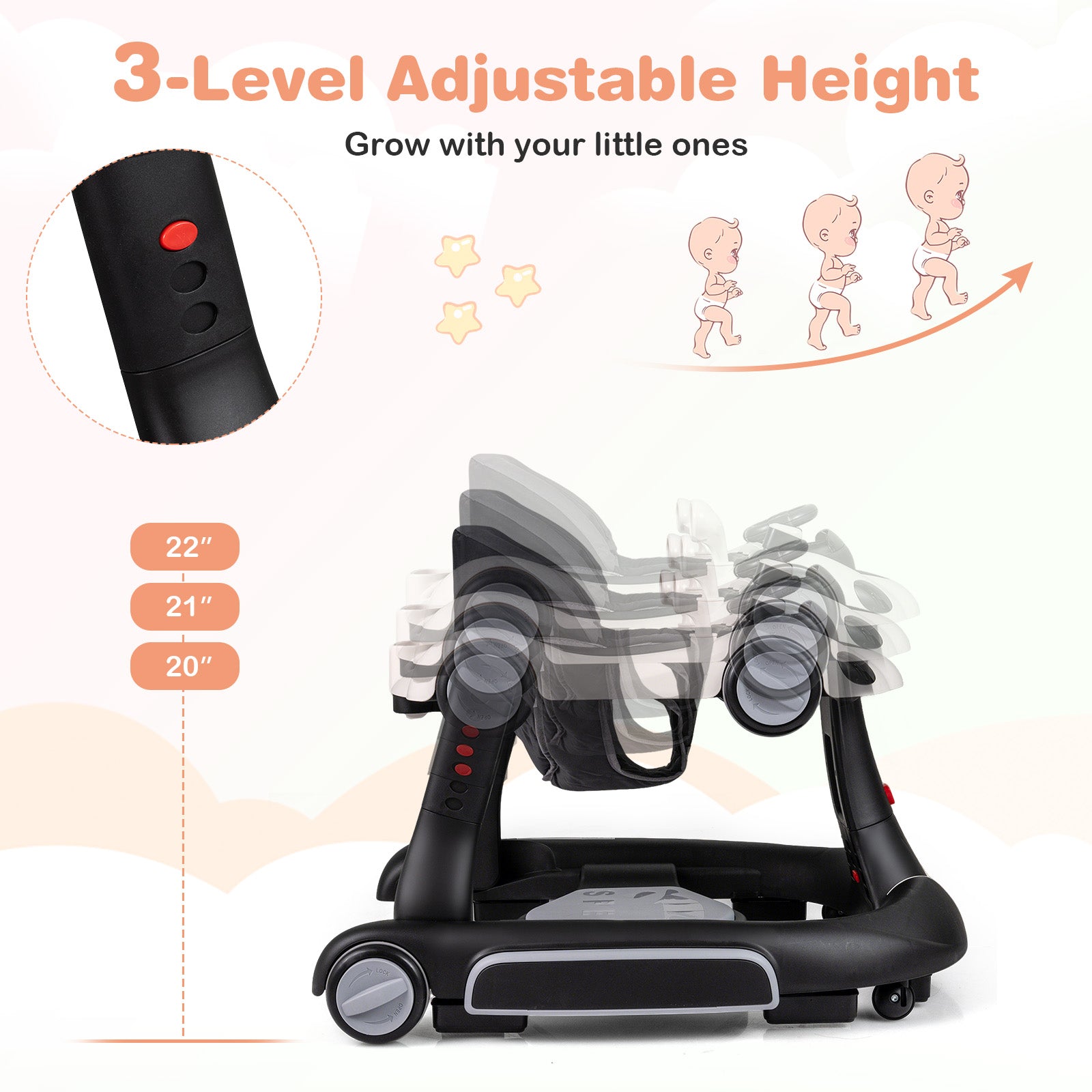 6-in-1 Baby Walker with Canopy Portable Activity Center Bouncer Rocker Combo with Music-White