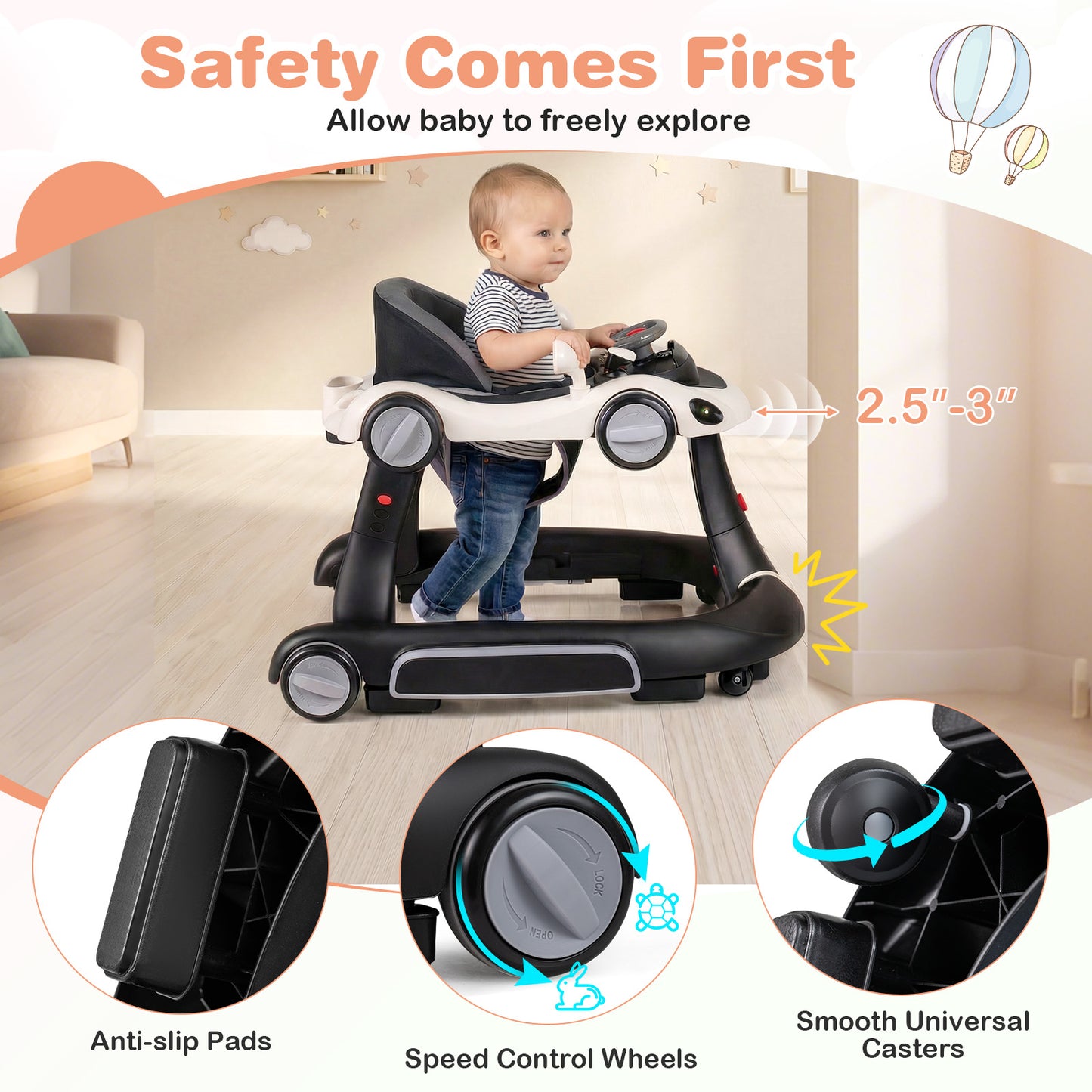 6-in-1 Baby Walker with Canopy Portable Activity Center Bouncer Rocker Combo with Music-White