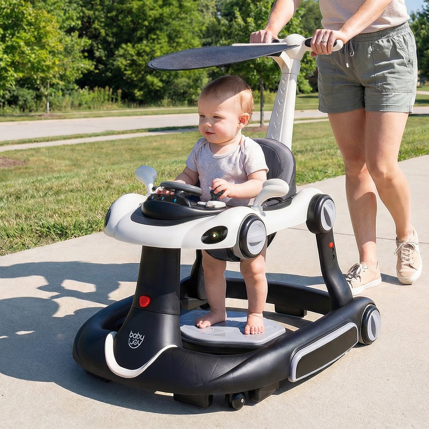 6-in-1 Baby Walker with Canopy Portable Activity Center Bouncer Rocker Combo with Music-White