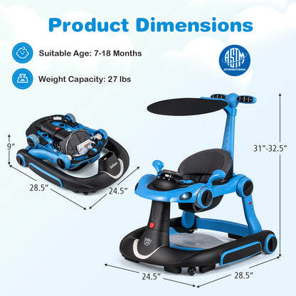 6-in-1 Baby Walker with Canopy Portable Activity Center Bouncer Rocker Combo with Music-Blue