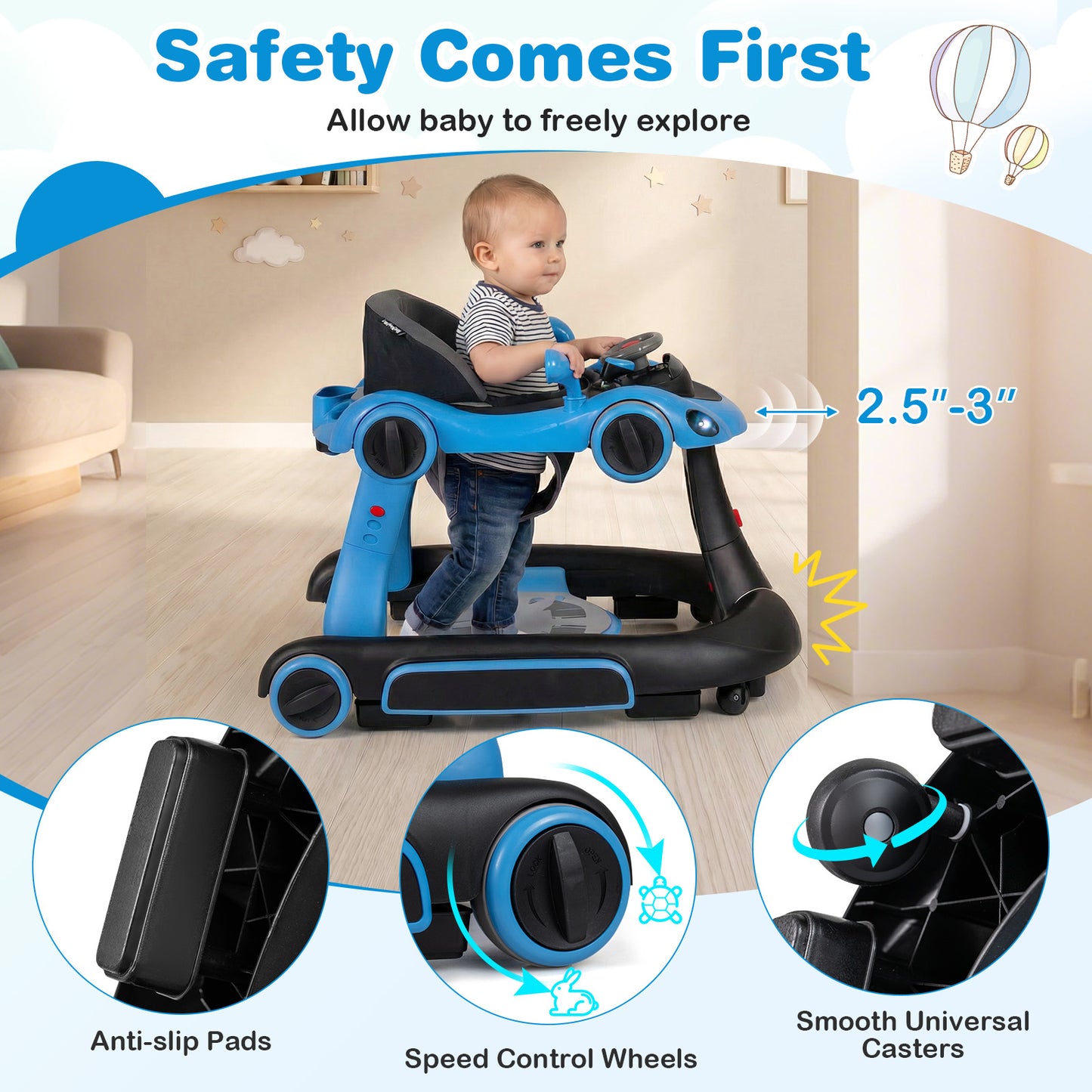 6-in-1 Baby Walker with Canopy Portable Activity Center Bouncer Rocker Combo with Music-Blue