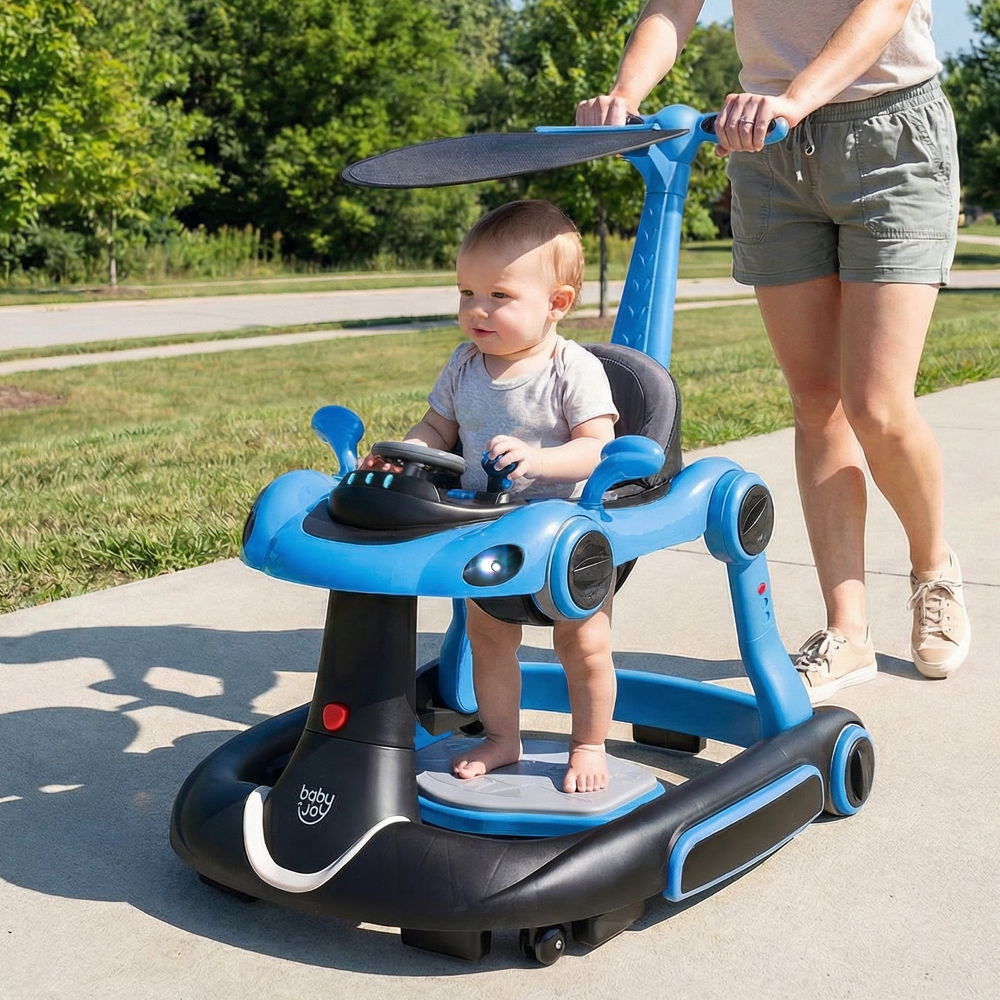 6-in-1 Baby Walker with Canopy Portable Activity Center Bouncer Rocker Combo with Music-Blue
