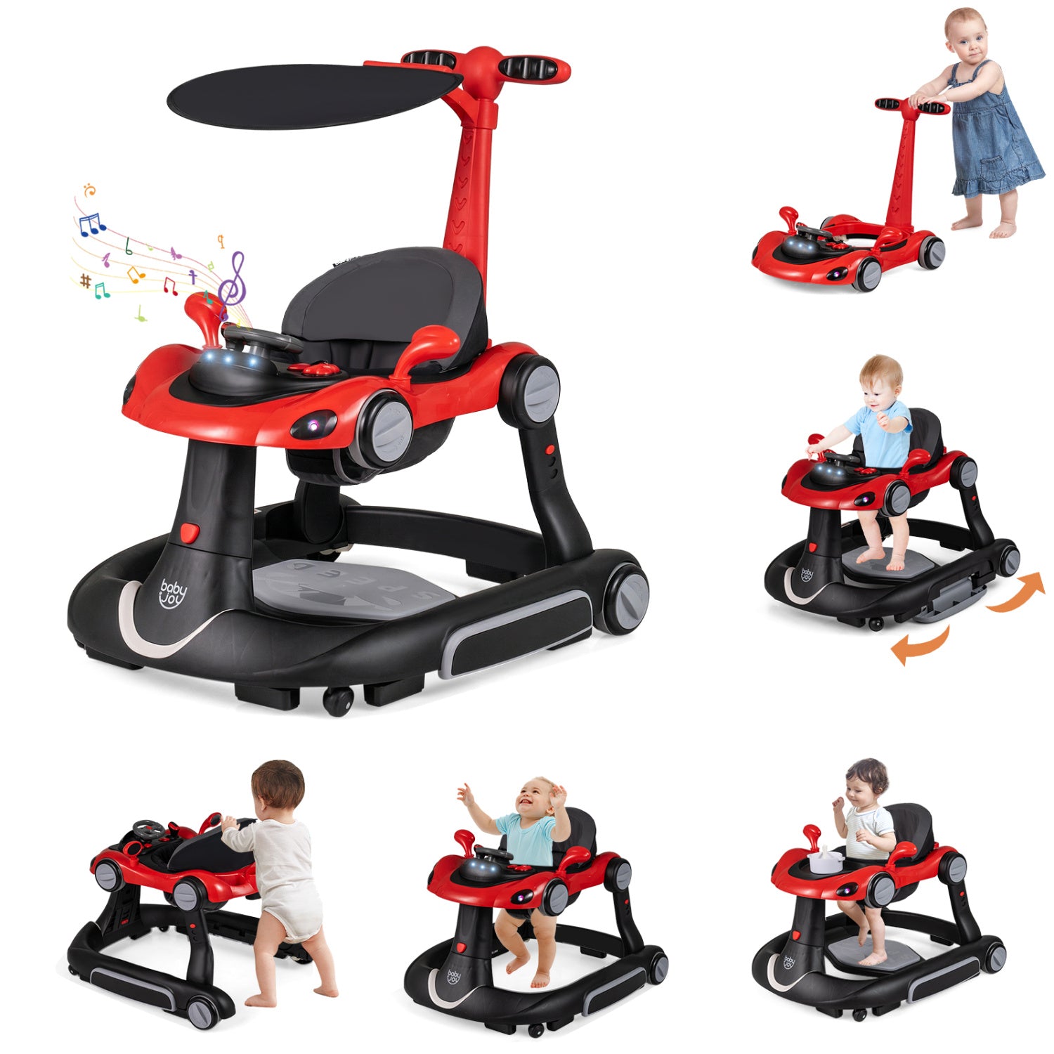 6-in-1 Baby Walker with Canopy Portable Activity Center Bouncer Rocker Combo with Music-Red