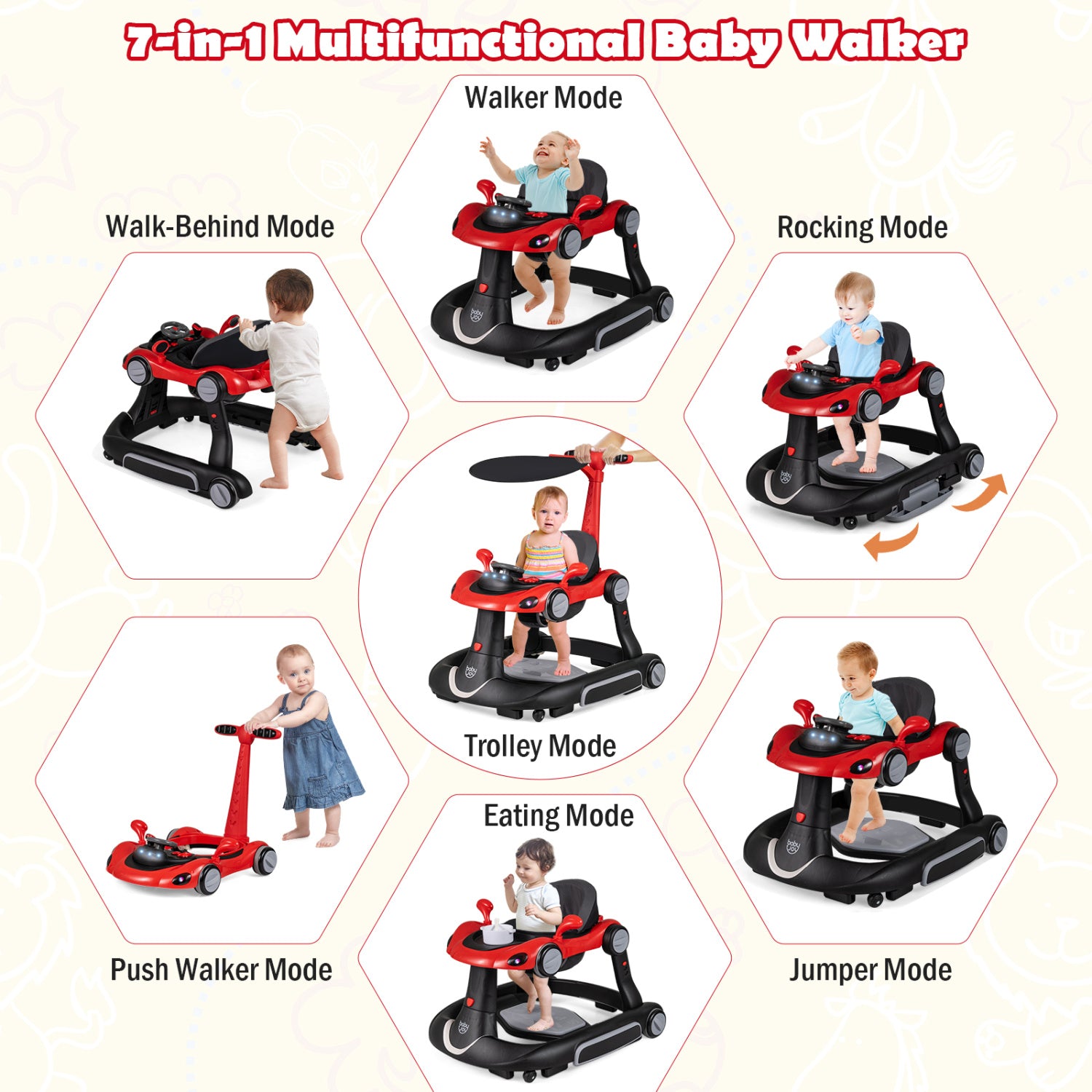 6-in-1 Baby Walker with Canopy Portable Activity Center Bouncer Rocker Combo with Music-Red
